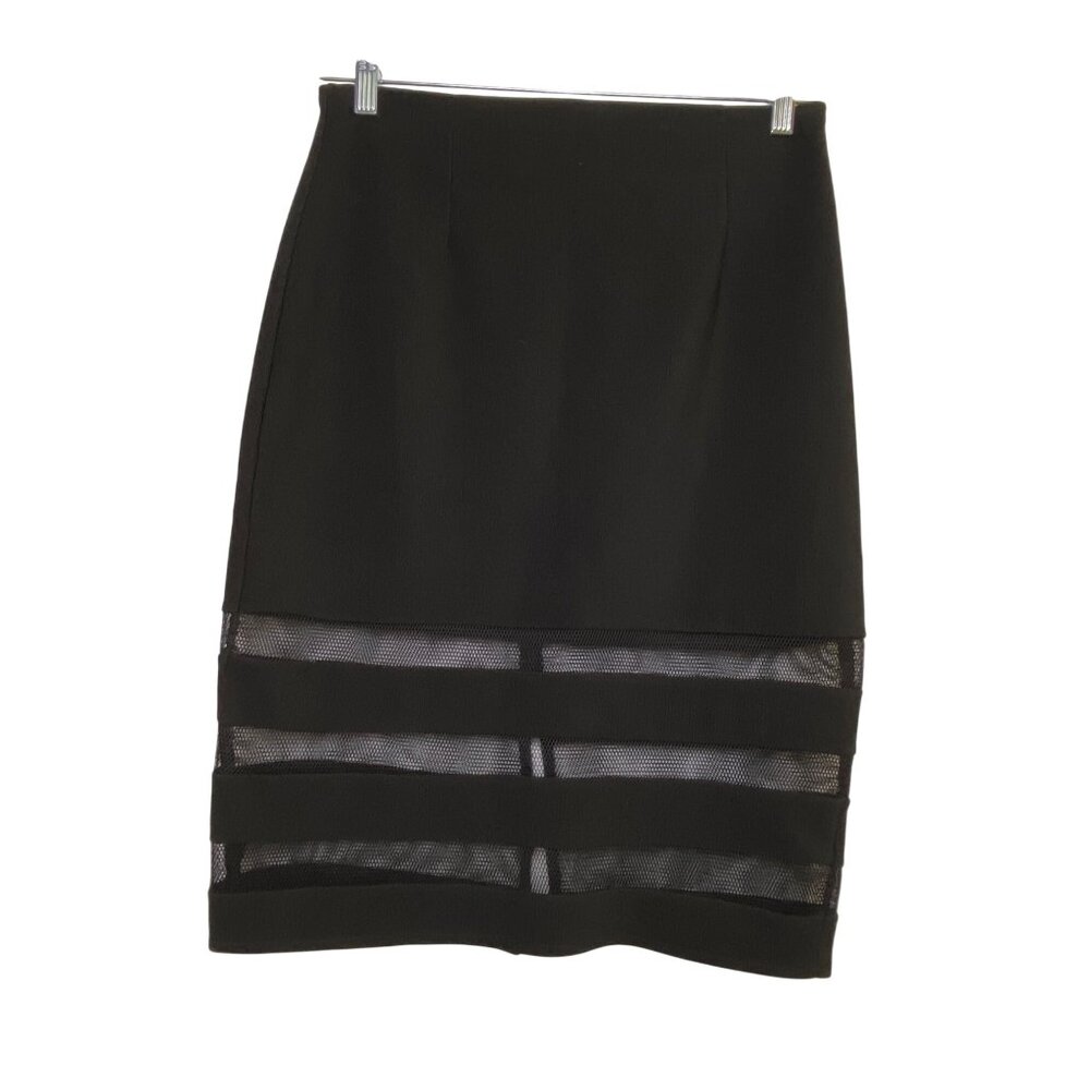 Black Pencil Skirt With‎ Mesh Panel Accents Size Large Sexy Stretch Bodycon Club